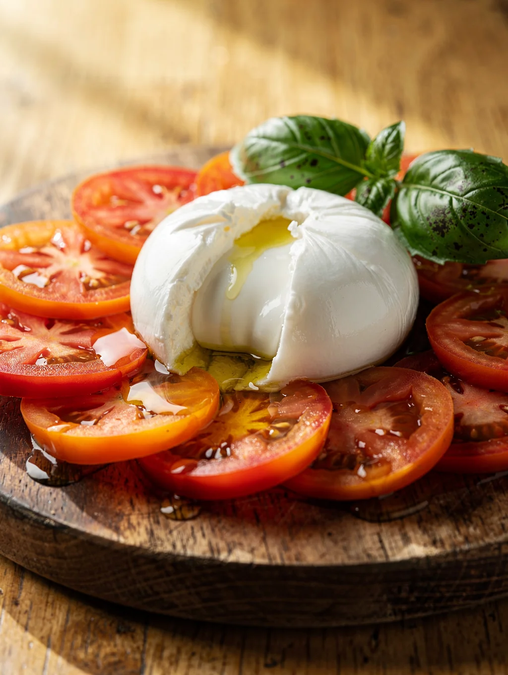 Fresh burrata with heirloom tomatoes and basil