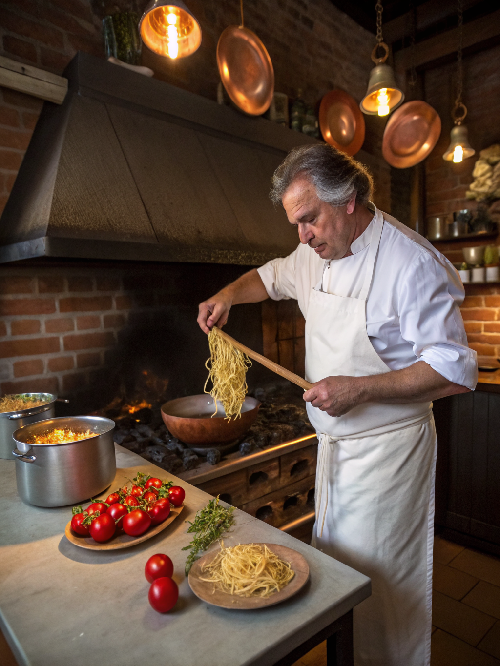 Live chef counter with open kitchen fire and culinary preparation
