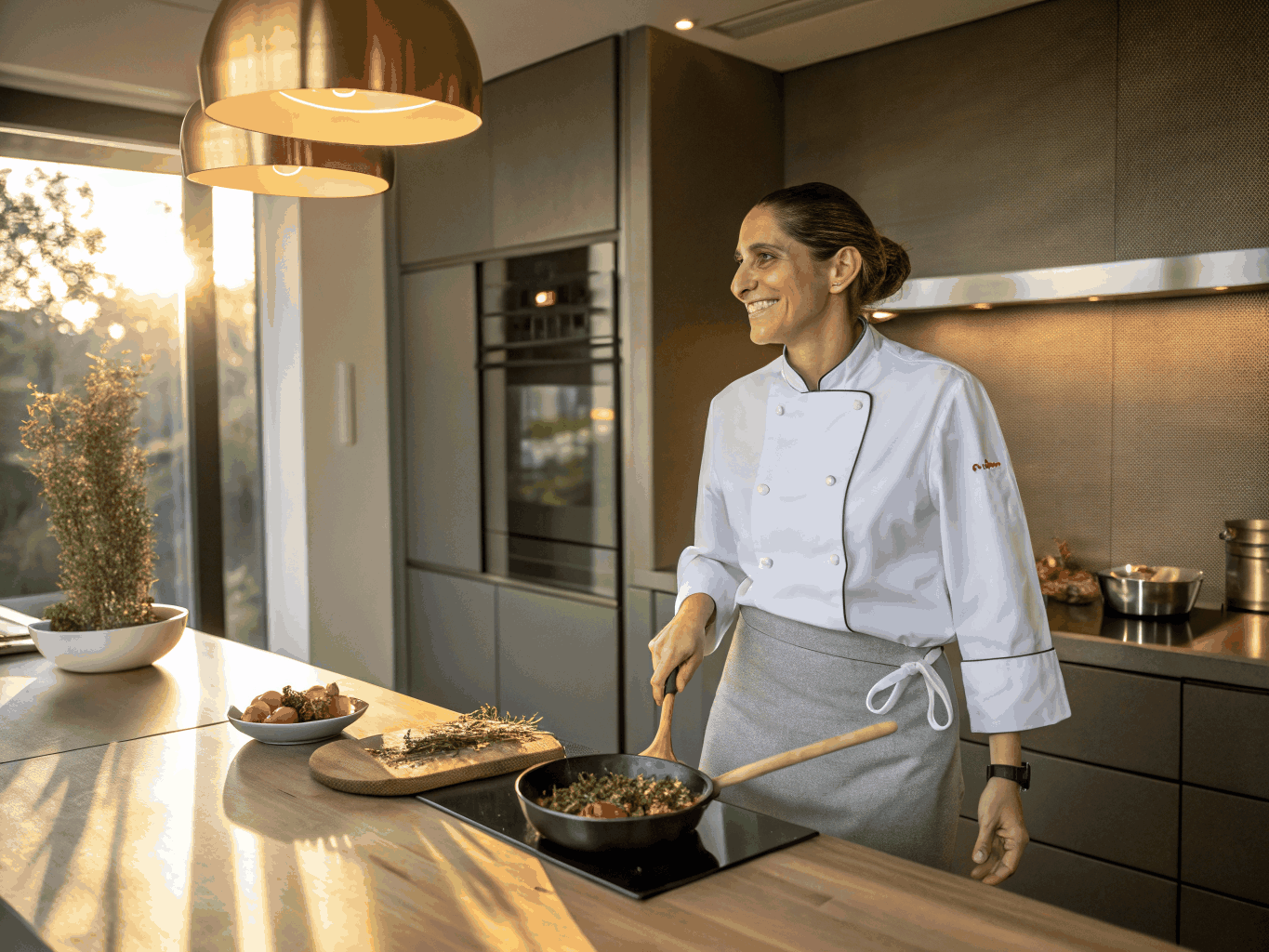 Chef Elena Moretti plating a seasonal dessert