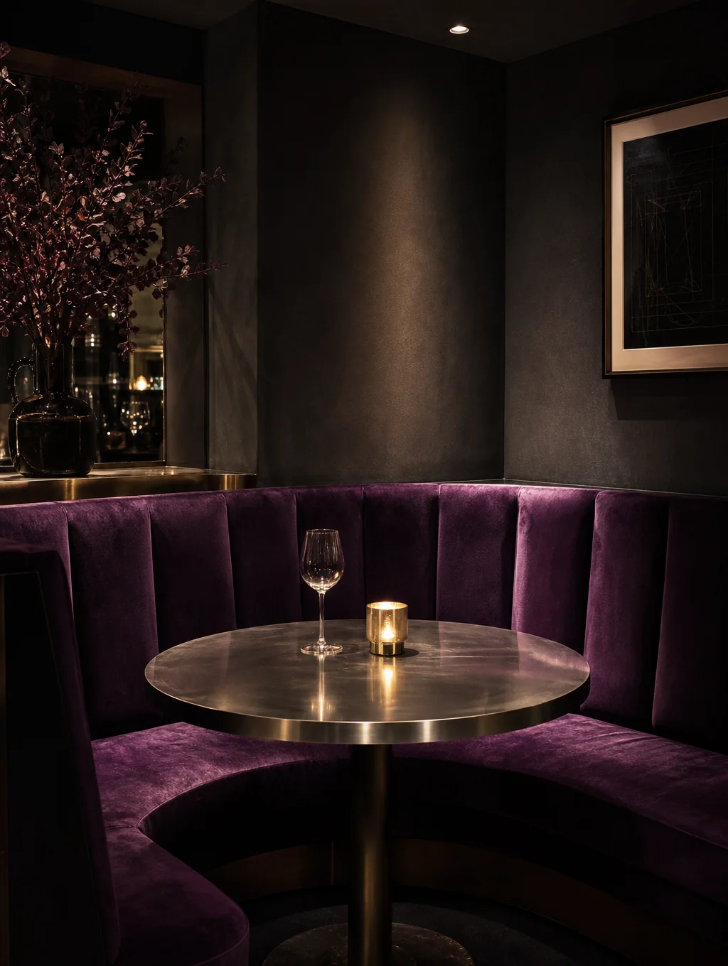 Intimate dining alcove illuminated by soft candlelight and warm shadows