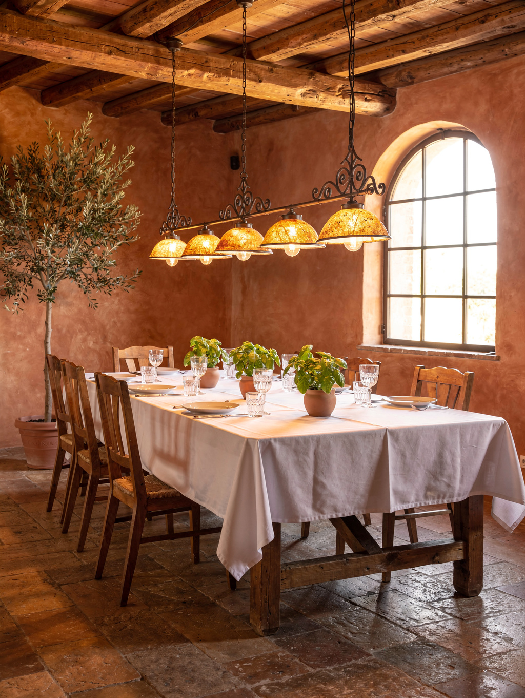 Spacious sunlit Italian dining room with travertine archways and linen-dressed tables
