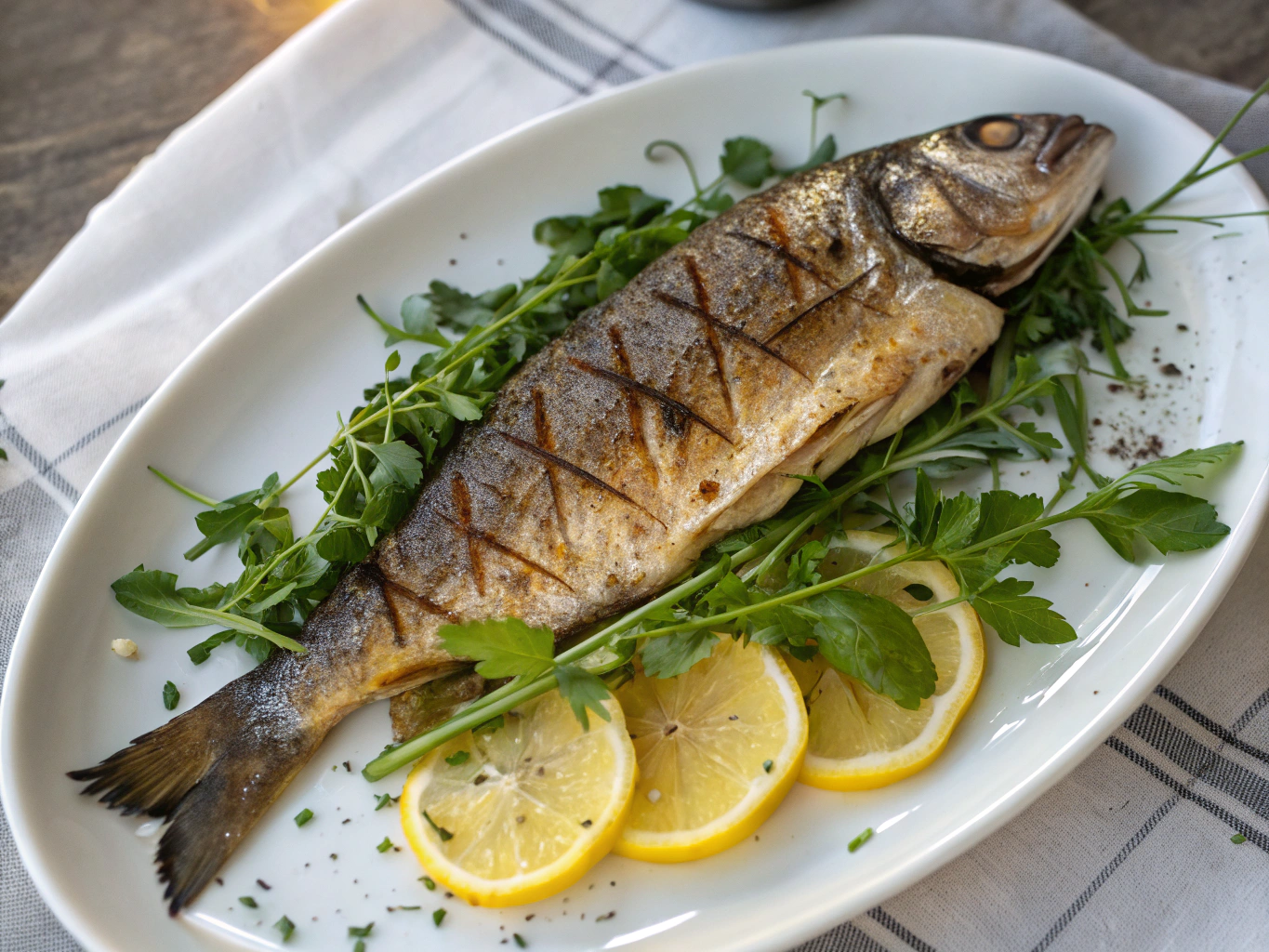 Roasted sea bass with lemon slices and fresh herbs on a platter