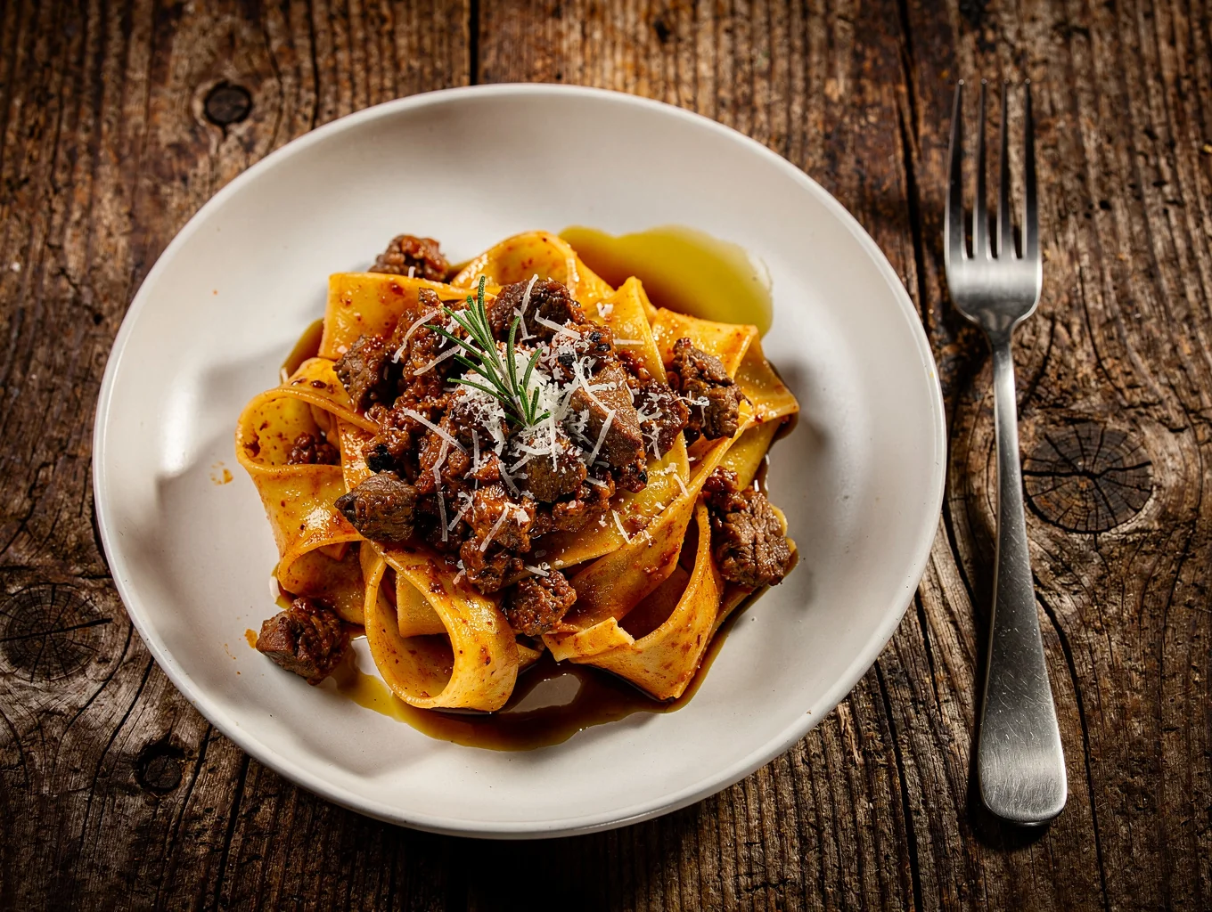 Handmade pappardelle pasta with rich wild boar meat sauce