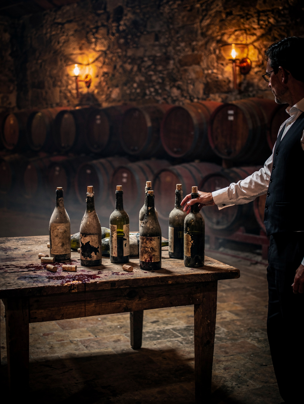 Subterranean vaulted wine cellar with rustic timber long table and vintage bottles